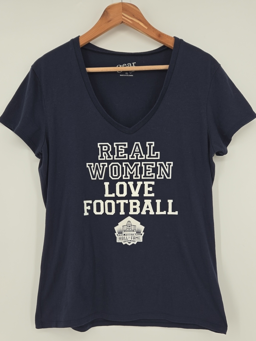 Hall of Fame Real Women Love Football V-Neck Tee, Navy